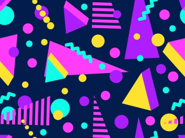 80 'ler ve 90' lar tarzında 3 boyutlu şekilleri olan geometrik dikişsiz desen. Memphis tarzında Isometric 3 boyutlu şekiller. Promosyon ürünleri tasarımı, ambalaj kağıdı ve baskı. Vektör illüstrasyonu