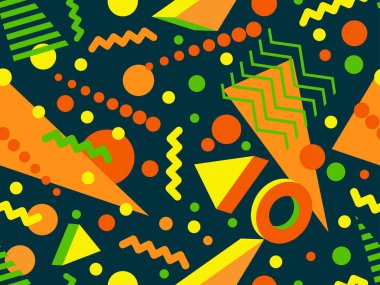 80 'ler ve 90' lar tarzında 3 boyutlu şekilleri olan geometrik dikişsiz desen. Memphis tarzında Isometric 3 boyutlu şekiller. Promosyon ürünleri tasarımı, ambalaj kağıdı ve baskı. Vektör illüstrasyonu