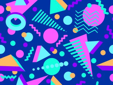 80 'ler ve 90' lar tarzında 3 boyutlu şekilleri olan geometrik dikişsiz desen. Memphis tarzında Isometric 3 boyutlu şekiller. Promosyon ürünleri tasarımı, ambalaj kağıdı ve baskı. Vektör illüstrasyonu