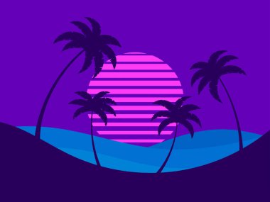 Gün batımında, 80 'ler tarzında palmiye ağaçları. Deniz kıyısındaki palmiye ağaçlarının koyu gölgeleri ve sentetik dalga şeklinde güneş. Afişler, posterler ve kapaklar için tasarım. Vektör illüstrasyonu
