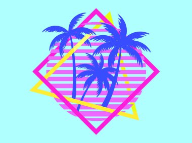 80 'lerden günbatımında kare çerçevede çekilmiş bilim kurgu palmiyeleri. Palmiye ağaçları ile geçmişe dönük fütürist güneş. Synthwave ve Retrowave tarzı. Reklam afişleri ve posterleri tasarımı. Vektör illüstrasyonu