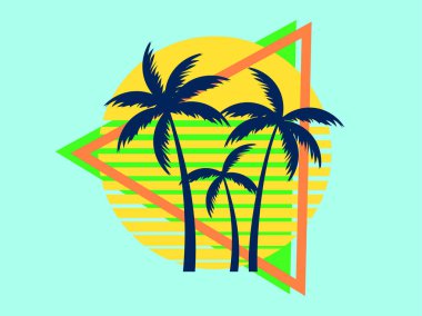 80 'lerin geçmişe dönük bilim kurgu palmiyeleri günbatımında üçgen çerçevede. Palmiye ağaçları ile geçmişe dönük fütürist güneş. Sentetik dalga ve retrodalga tarzı. Reklam afişleri ve posterleri için tasarım. Vektör illüstrasyonu