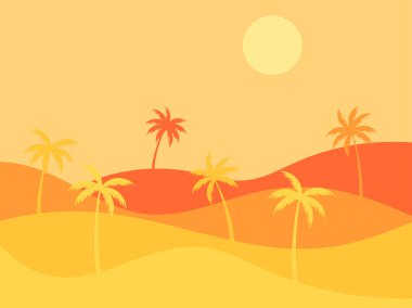 Palmiye ağaçları ve kum tepeleri olan çöl manzarası. Çölde gün doğumunda palmiye ağaçlarının siluetleri. Kum tepeleri olan dalgalı bir manzara. Baskı, afişler ve posterler için tasarım. Vektör illüstrasyonu
