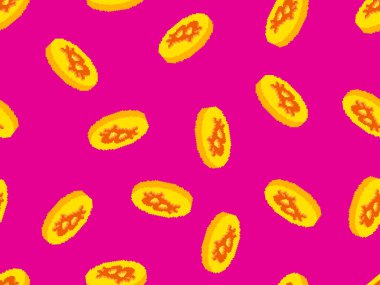 Piksel sanat tarzında altın sikkeleri ve Bitcoin sembolü olan kusursuz desen. Klasik retro oyunların 8-bit grafikleri şeklinde 3 boyutlu sikkeler. Duvar kağıtları, afişler ve posterler tasarla. Vektör illüstrasyonu