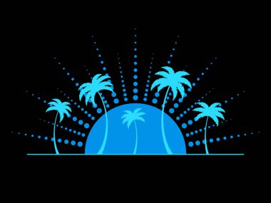 Güneşin arka planında, üzerinde noktalar olan mavi palmiye siluetleri. 90 'ların tarzında gün batımında tropik palmiye ağaçlarının siluetleri. Vektör illüstrasyonu