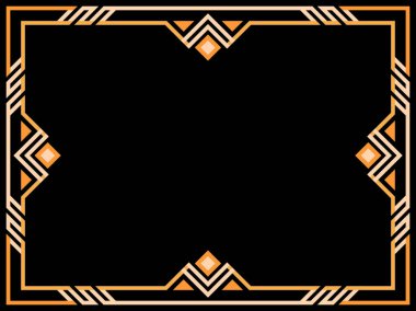 Art deco çerçeve. Klasik doğrusal sınır. Geometrik çerçeve altın renginde, satır sanatı tarzında, boşluk ise metin için. Davetiye, broşür ve tebrik kartı için bir şablon tasarla. Vektör illüstrasyonu