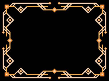 Art deco çerçeve. Klasik doğrusal sınır. Geometrik çerçeve altın renginde, satır sanatı tarzında, boşluk ise metin için. Davetiye, broşür ve tebrik kartı için bir şablon tasarla. Vektör illüstrasyonu