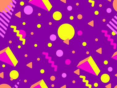 80 'ler ve 90' lar tarzında 3 boyutlu şekilleri olan geometrik dikişsiz desen. Memphis tarzında Isometric 3 boyutlu şekiller. Promosyon ürünleri tasarımı, ambalaj kağıdı ve baskı. Vektör illüstrasyonu