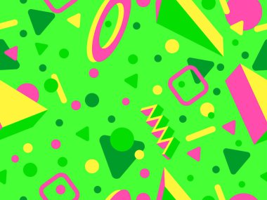 80 'ler ve 90' lar tarzında 3 boyutlu şekilleri olan geometrik dikişsiz desen. Memphis tarzında Isometric 3 boyutlu şekiller. Promosyon ürünleri tasarımı, ambalaj kağıdı ve baskı. Vektör illüstrasyonu