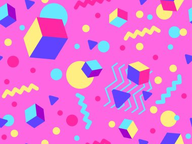 80 'ler ve 90' lar tarzında 3 boyutlu şekilleri olan geometrik dikişsiz desen. Memphis tarzında Isometric 3 boyutlu şekiller. Promosyon ürünleri tasarımı, ambalaj kağıdı ve baskı. Vektör illüstrasyonu