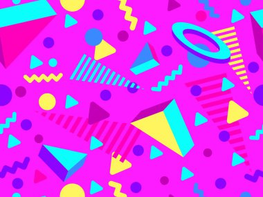 80 'ler ve 90' lar tarzında 3 boyutlu şekilleri olan geometrik dikişsiz desen. Memphis tarzında Isometric 3 boyutlu şekiller. Promosyon ürünleri tasarımı, ambalaj kağıdı ve baskı. Vektör illüstrasyonu