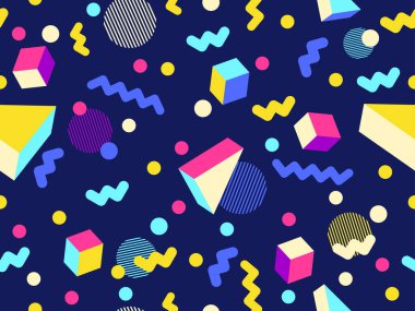 80 'ler ve 90' lar tarzında 3 boyutlu şekilleri olan geometrik dikişsiz desen. Memphis tarzında Isometric 3 boyutlu şekiller. Promosyon ürünleri tasarımı, ambalaj kağıdı ve baskı. Vektör illüstrasyonu