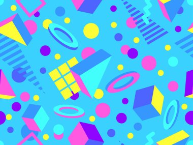 80 'ler ve 90' lar tarzında 3 boyutlu şekilleri olan geometrik dikişsiz desen. Memphis tarzında Isometric 3 boyutlu şekiller. Promosyon ürünleri tasarımı, ambalaj kağıdı ve baskı. Vektör illüstrasyonu
