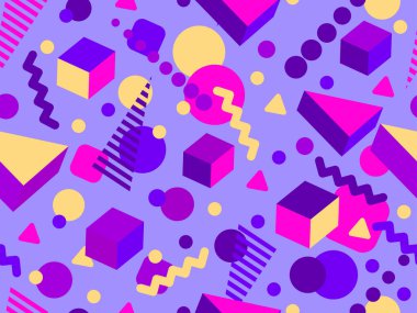 80 'ler ve 90' lar tarzında 3 boyutlu şekilleri olan geometrik dikişsiz desen. Memphis tarzında Isometric 3 boyutlu şekiller. Promosyon ürünleri tasarımı, ambalaj kağıdı ve baskı. Vektör illüstrasyonu