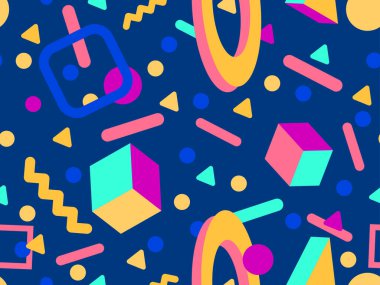80 'ler ve 90' lar tarzında 3 boyutlu şekilleri olan geometrik dikişsiz desen. Memphis tarzında Isometric 3 boyutlu şekiller. Promosyon ürünleri tasarımı, ambalaj kağıdı ve baskı. Vektör illüstrasyonu