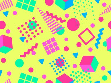 80 'ler ve 90' lar tarzında 3 boyutlu şekilleri olan geometrik dikişsiz desen. Memphis tarzında Isometric 3 boyutlu şekiller. Promosyon ürünleri tasarımı, ambalaj kağıdı ve baskı. Vektör illüstrasyonu