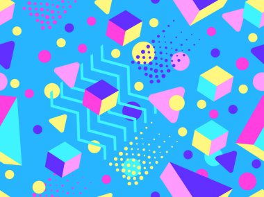 80 'ler ve 90' lar tarzında 3 boyutlu şekilleri olan geometrik dikişsiz desen. Memphis tarzında Isometric 3 boyutlu şekiller. Promosyon ürünleri tasarımı, ambalaj kağıdı ve baskı. Vektör illüstrasyonu
