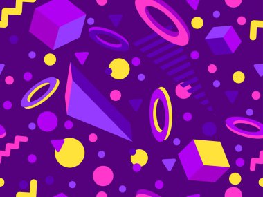 80 'ler ve 90' lar tarzında 3 boyutlu şekilleri olan geometrik dikişsiz desen. Memphis tarzında Isometric 3 boyutlu şekiller. Promosyon ürünleri tasarımı, ambalaj kağıdı ve baskı. Vektör illüstrasyonu