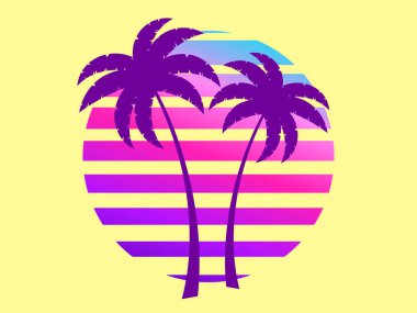 Palmiye ağaçlarının siluetleri geçmişe dönük fütürist bir güneş arka planına karşı. Palmiye ağaçları, sentetik ve retrodalga stillerinde değişen güneşin arka planına karşı. Yaz zamanı. Vektör illüstrasyonu