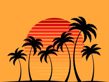 Tropical palm trees at sunset in a futuristic 80s style. Summer time, silhouettes of palm trees in synthwave and retrowave style. Design of advertising booklets and banners. Vector illustration