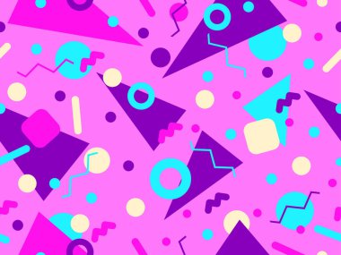 80 'lerin tarzında Memphis elementleriyle geometrik kusursuz desen. Renkli geometrik desen. Promosyon ürünleri tasarımı, ambalaj kağıdı ve baskı. Vektör illüstrasyonu