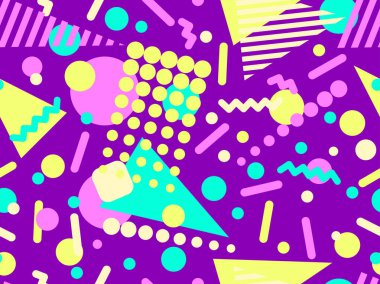 80 'lerin tarzında Memphis elementleriyle geometrik kusursuz desen. Renkli geometrik desen. Promosyon ürünleri tasarımı, ambalaj kağıdı ve baskı. Vektör illüstrasyonu