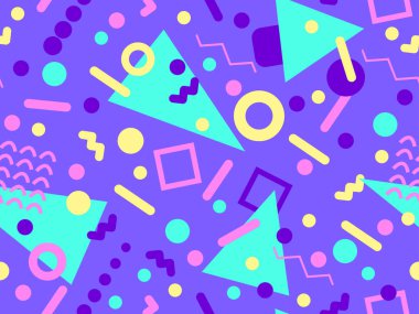 80 'ler ve 90' lar tarzında geometrik şekilli kusursuz Memphis deseni. Farklı şekil ve renklerin geometrik şekilleri. Promosyon ürünleri tasarımı, ambalaj kağıdı ve baskı. Vektör illüstrasyonu