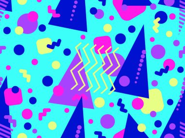 80 'ler ve 90' lar tarzında geometrik şekilli kusursuz Memphis deseni. Farklı şekil ve renklerin geometrik şekilleri. Promosyon ürünleri tasarımı, ambalaj kağıdı ve baskı. Vektör illüstrasyonu