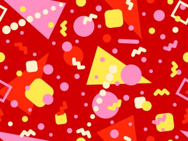 80 'lerin tarzında Memphis elementleriyle geometrik kusursuz desen. Renkli geometrik desen. Promosyon ürünleri tasarımı, ambalaj kağıdı ve baskı. Vektör illüstrasyonu