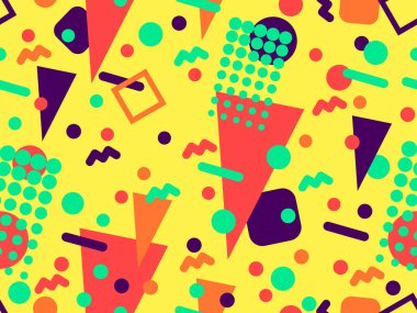 80 'lerin tarzında Memphis elementleriyle geometrik kusursuz desen. Renkli geometrik desen. Promosyon ürünleri tasarımı, ambalaj kağıdı ve baskı. Vektör illüstrasyonu