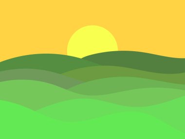 Yeşil tepeli dalgalı bir manzara ve ufukta güneş var. Minimalist tarzda yeşil çayırlı şafak. Posterler, baskılar ve afişler için tasarım. Vektör illüstrasyonu