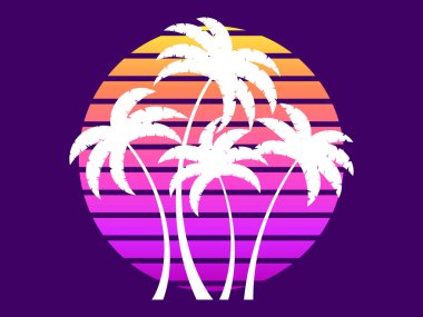 Günbatımında 80 'lerin stiliyle geçmişe dönük palmiye ağaçları. Yaz zamanı, güneşin arka planında palmiye ağaçları, sentetik dalga tarzı. Reklam broşürleri ve afişler için tasarım. vektör illüstrasyonu