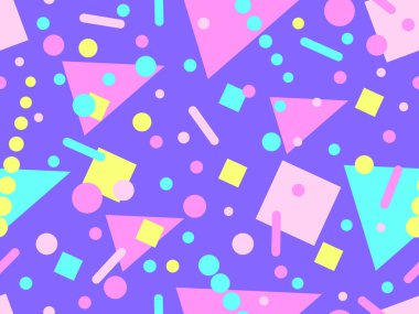 80 'lerin tarzında Memphis elementleriyle geometrik kusursuz desen. Renkli geometrik desen. Promosyon ürünleri tasarımı, ambalaj kağıdı ve baskı. Vektör illüstrasyonu