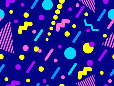 80 'lerin tarzında Memphis elementleriyle geometrik kusursuz desen. Renkli geometrik desen. Promosyon ürünleri tasarımı, ambalaj kağıdı ve baskı. Vektör illüstrasyonu
