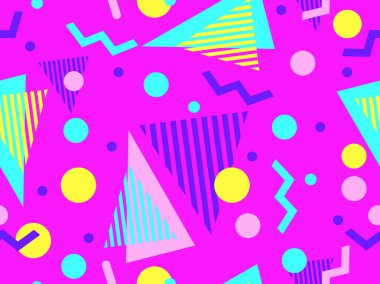 80 'lerin tarzında Memphis elementleriyle geometrik kusursuz desen. Renkli geometrik desen. Promosyon ürünleri tasarımı, ambalaj kağıdı ve baskı. Vektör illüstrasyonu