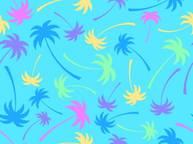 Renkli palmiye ağaçlarıyla kusursuz desen. Yaz zamanı, tropik palmiye ağaçları desenli duvar kağıdı. Tişört, pankart ve promosyon ürünleri için tasarım. Vektör illüstrasyonu