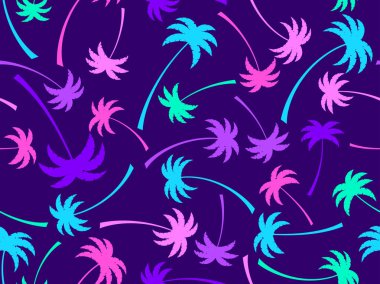 Renkli palmiye ağaçları pürüzsüz desenli. Yaz zamanı, mor arka planda tropik palmiye ağaçları olan duvar kağıdı. Tişört, pankart ve promosyon ürünleri için tasarım. Vektör illüstrasyonu