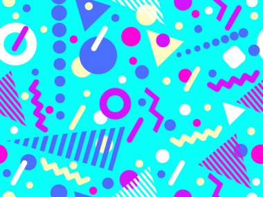 80 'lerin tarzında Memphis elementleriyle geometrik kusursuz desen. Renkli geometrik desen. Promosyon ürünleri tasarımı, ambalaj kağıdı ve baskı. Vektör illüstrasyonu