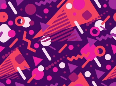 80 'lerin tarzında Memphis elementleriyle geometrik kusursuz desen. Renkli geometrik desen. Promosyon ürünleri tasarımı, ambalaj kağıdı ve baskı. Vektör illüstrasyonu