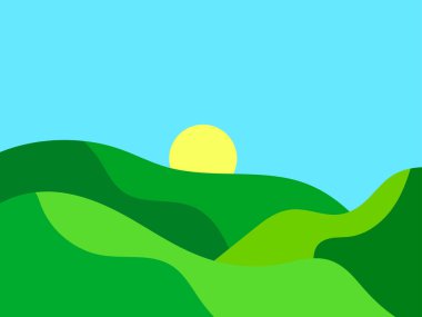 Yeşil tepeli dalgalı bir manzara ve ufukta güneş var. Minimalist tarzda yeşil çayırlı şafak. Posterler, baskılar ve afişler için tasarım. Vektör illüstrasyonu
