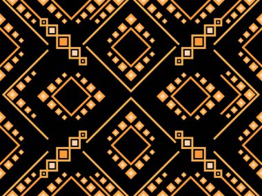 Çizgi sanatı tarzında geometrik kusursuz desen. Siyah arka planda altın çizgilerin Art deco geometrik deseni. Klasik doğrusal stil. Duvar kağıtları, ambalajlar ve afişler için tasarım. Vektör illüstrasyonu