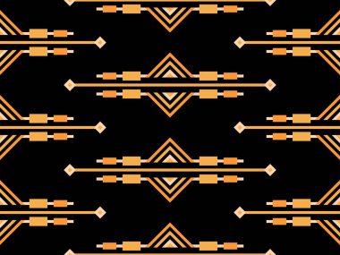 Çizgi sanatı tarzında geometrik kusursuz desen. Siyah arka planda altın çizgilerin Art deco geometrik deseni. Klasik doğrusal stil. Duvar kağıtları, ambalajlar ve afişler için tasarım. Vektör illüstrasyonu