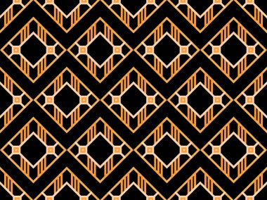 Çizgi sanatı tarzında geometrik kusursuz desen. Siyah arka planda altın çizgilerin Art deco geometrik deseni. Klasik doğrusal stil. Duvar kağıtları, ambalajlar ve afişler için tasarım. Vektör illüstrasyonu