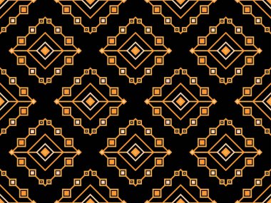 Çizgi sanatı tarzında geometrik kusursuz desen. Siyah arka planda altın çizgilerin Art deco geometrik deseni. Klasik doğrusal stil. Duvar kağıtları, ambalajlar ve afişler için tasarım. Vektör illüstrasyonu