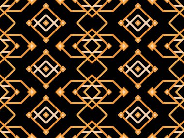 Çizgi sanatı tarzında geometrik kusursuz desen. Siyah arka planda altın çizgilerin Art deco geometrik deseni. Klasik doğrusal stil. Duvar kağıtları, ambalajlar ve afişler için tasarım. Vektör illüstrasyonu