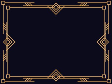 Art deco çerçeve. Klasik doğrusal sınır. Davetiyeler, broşürler ve tebrik kartları için bir şablon tasarla. Geometrik altın çerçeveli. 1920 'lerin tarzı - 1930' lar. Vektör illüstrasyonu