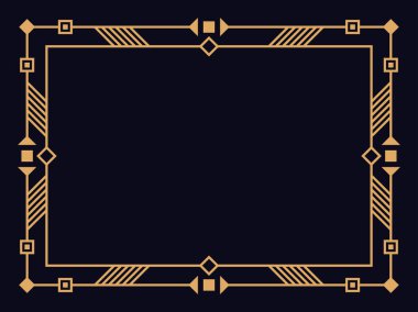 Art deco çerçeve. Klasik doğrusal sınır. Davetiyeler, broşürler ve tebrik kartları için bir şablon tasarla. Geometrik altın çerçeveli. 1920 'lerin tarzı - 1930' lar. Vektör illüstrasyonu