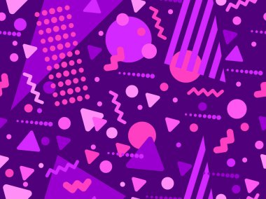 80 'lerin tarzında Memphis elementleriyle geometrik kusursuz desen. Renkli geometrik desen. Promosyon ürünleri tasarımı, ambalaj kağıdı ve baskı. Vektör illüstrasyonu