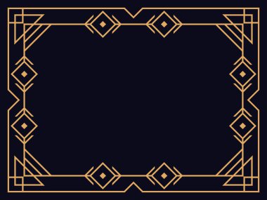 Art deco çerçeve. Klasik doğrusal sınır. Davetiyeler, broşürler ve tebrik kartları için bir şablon tasarla. Geometrik altın çerçeveli. 1920 'lerin tarzı - 1930' lar. Vektör illüstrasyonu