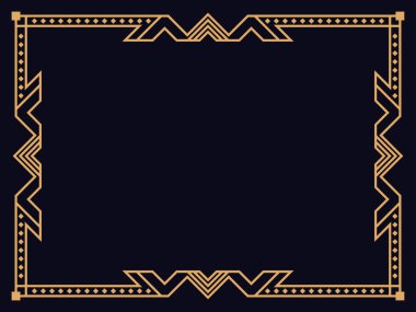 Art deco çerçeve. Klasik doğrusal sınır. Davetiyeler, broşürler ve tebrik kartları için bir şablon tasarla. Geometrik altın çerçeveli. 1920 'lerin tarzı - 1930' lar. Vektör illüstrasyonu
